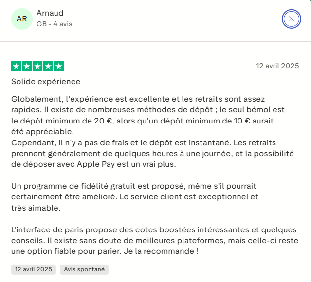 Avis positif Yonibet Trustpilot